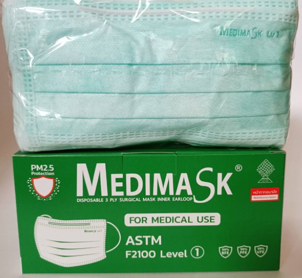 MASK MEDIMASK ASTM F2100 LEVEL1 MEDICAL USE สีเขียว 50'S