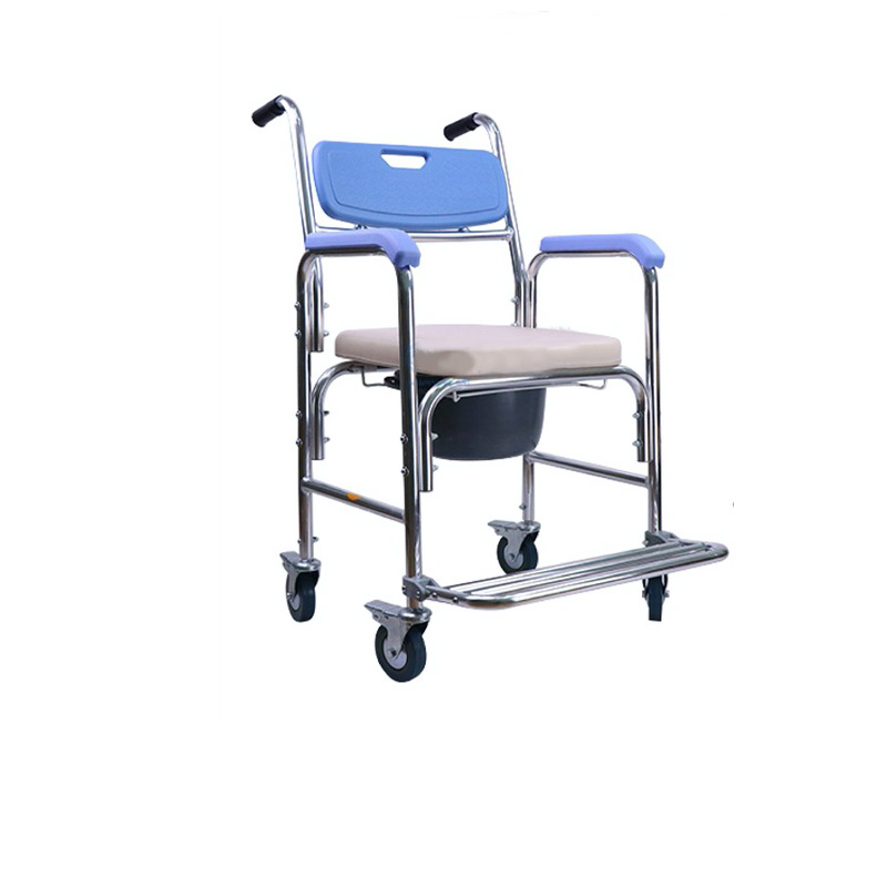 เก้าอี้นั่งถ่ายอลูมิเนียม YYY รุ่น Y614L มีล้อ เบาะนิ่ม พนักสีฟ้า  