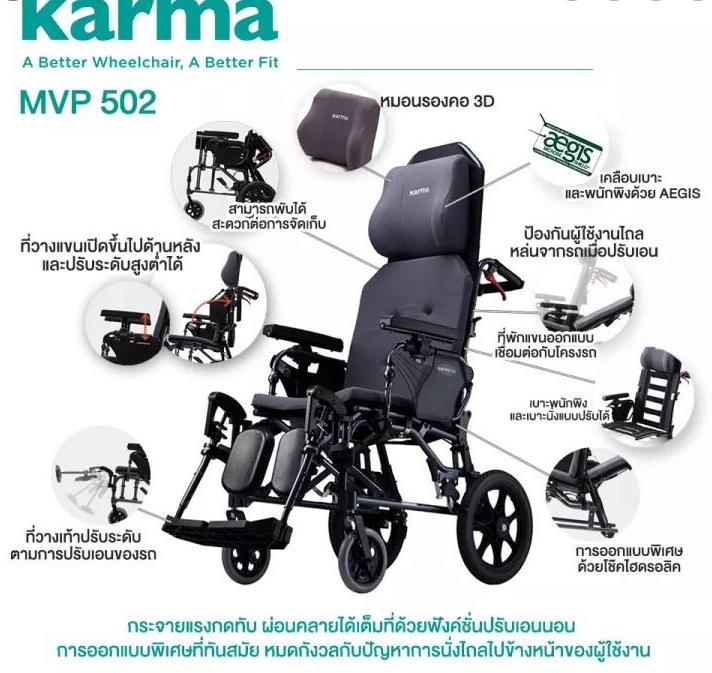 รถเข็น นั่ง-นอน ล้อแม็ก เบาะสีดำ มีพนักคอ ปรับยกขาได้ KARMA-KM-5000.2 MVP 502